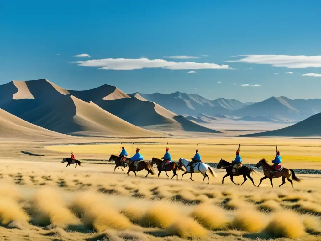 Estrategias militares mongolas en un vasto paisaje de la estepa mongola bajo un cielo azul claro, con guerreros a caballo y coloridas banderas