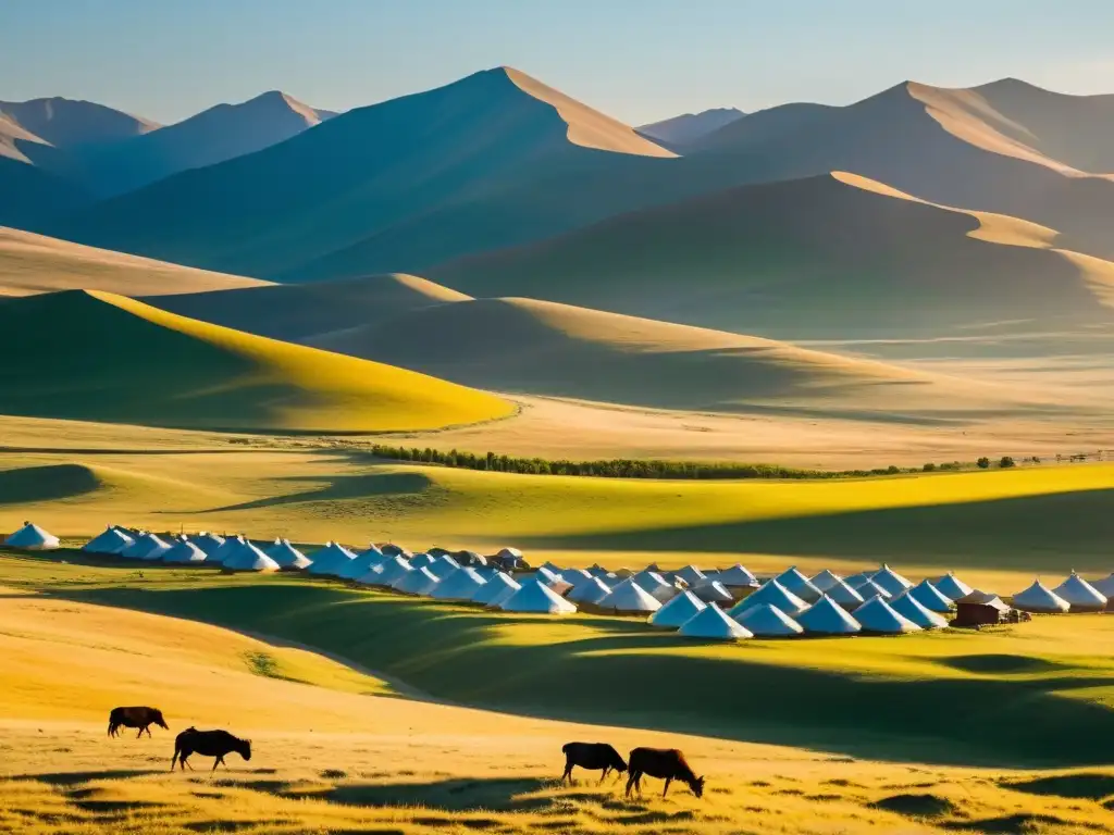 Estructura social nómada imperio mongol: Paisaje de la estepa mongola con yurtas, rebaños y familias nómadas en su vida cotidiana