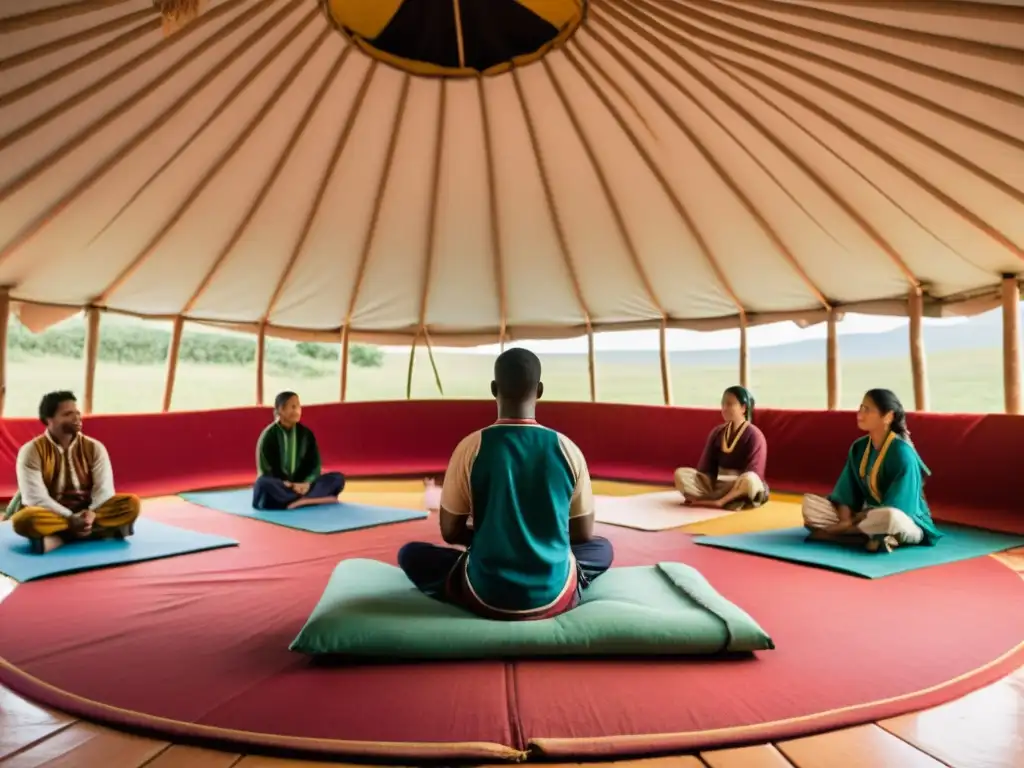 Estudiantes atentos escuchan a su maestro en una yurta mongola, creando un entorno de aprendizaje inmersivo