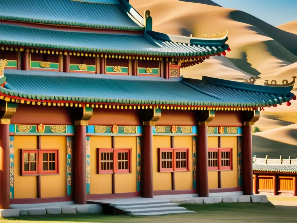 Academia Mongol con estudiantes y detalles arquitectónicos, reflejando la riqueza cultural de las Academias en el Imperio Mongol