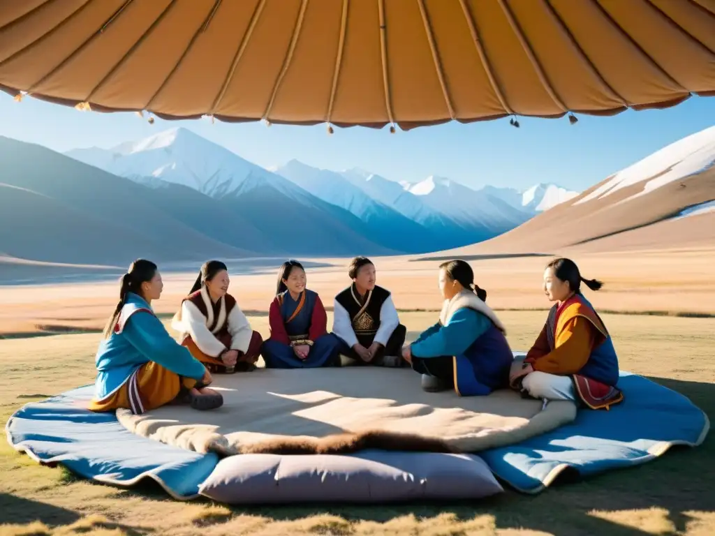 Estudiantes mongolas discutiendo frente a una yurta en un paisaje impresionante de Mongolia