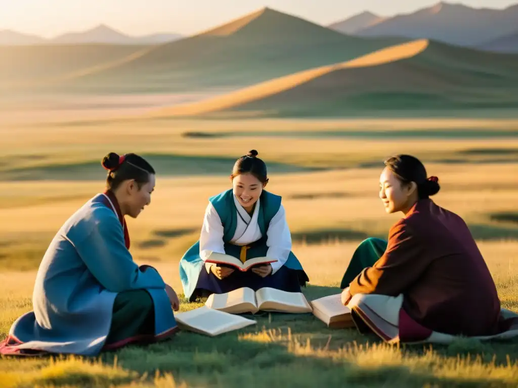 Estudiantes mongolas en la estepa, estudiando con su maestro al atardecer