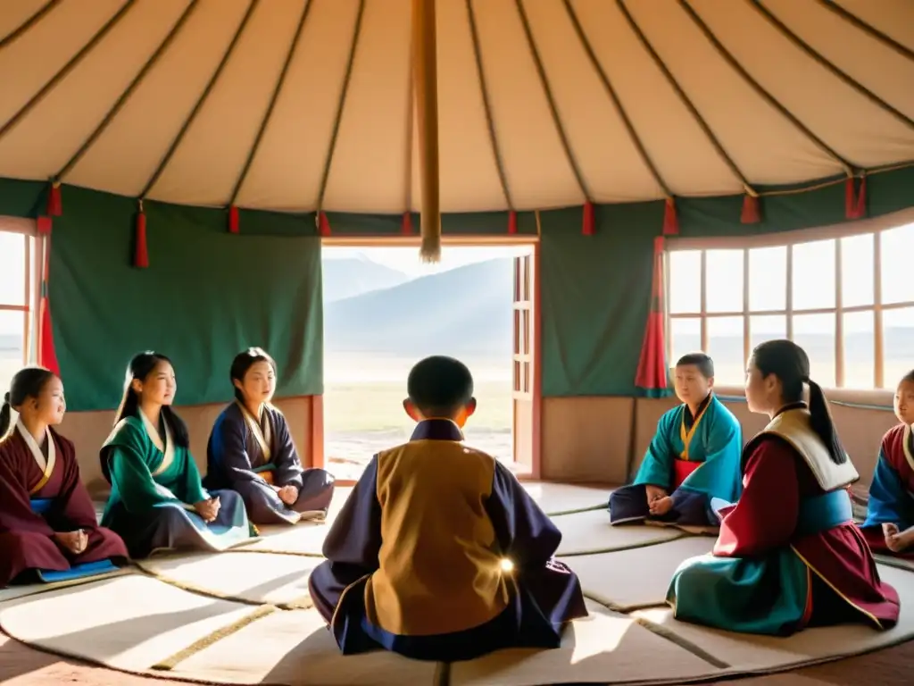 Estudiantes mongolas estudian en una yurta tradicional, mientras su maestra les enseña sobre Academias en el Imperio Mongol