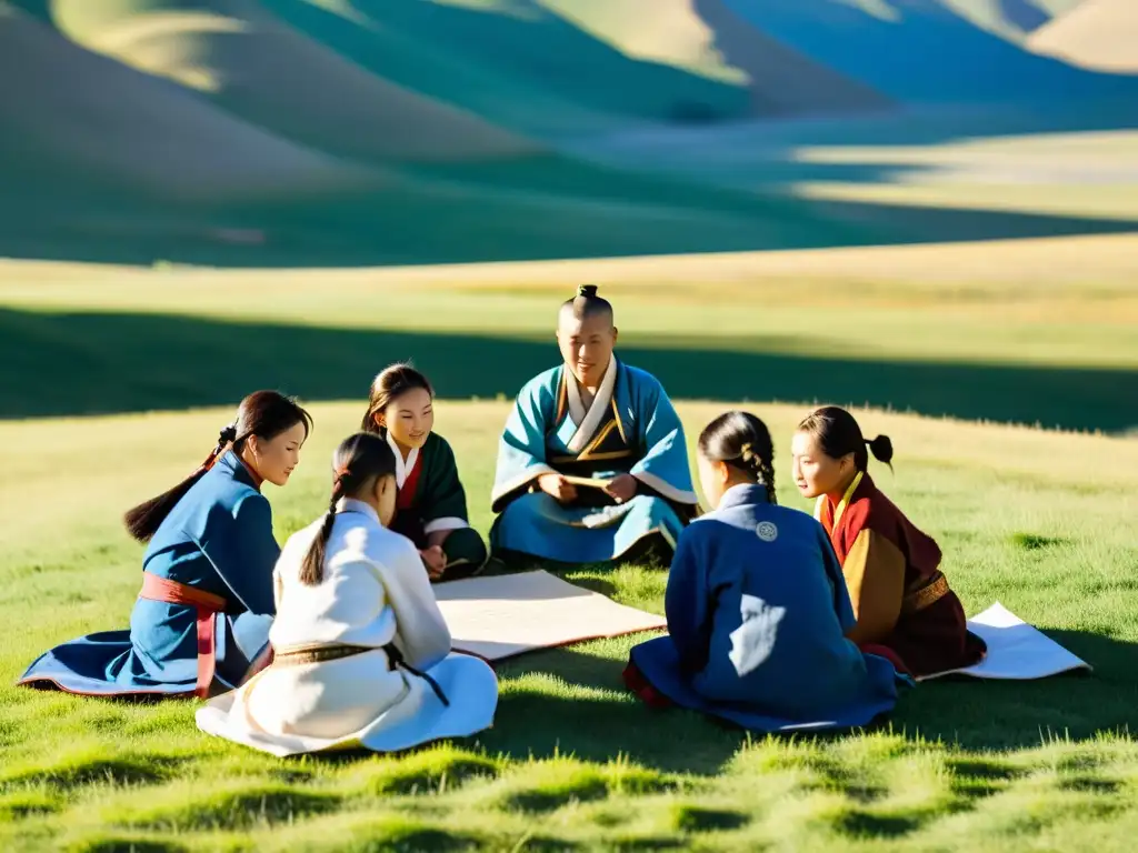 Estudiantes mongoles practicando la escritura tradicional en un idílico paisaje