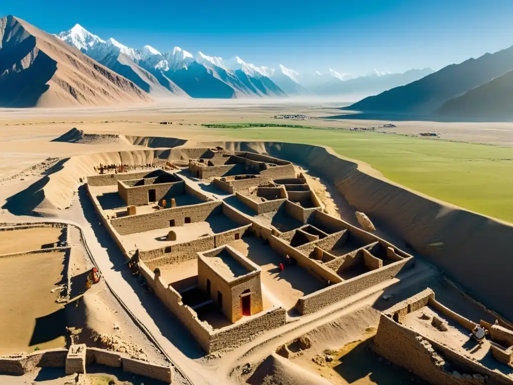 Excavación arqueológica en la capital mongola Karakorum, con ruinas antiguas y vasto paisaje de Mongolia