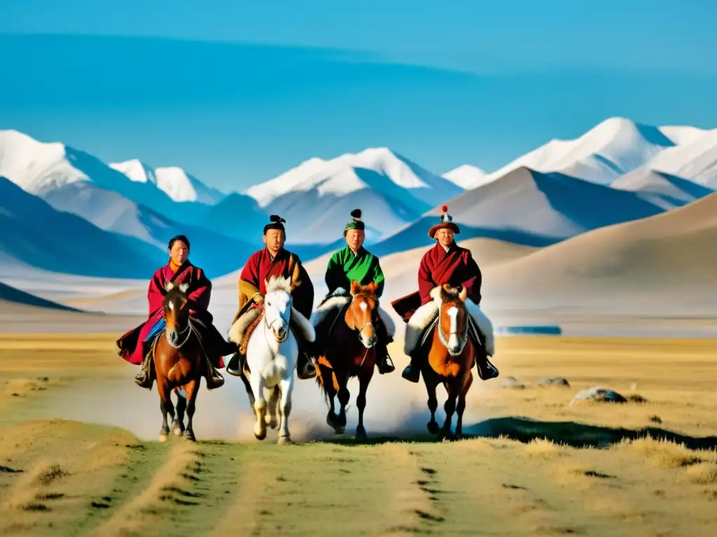 Experiencia nómada auténtica en Mongolia a caballo: grupo de nómadas mongoles a caballo en la vasta estepa, con montañas nevadas al fondo