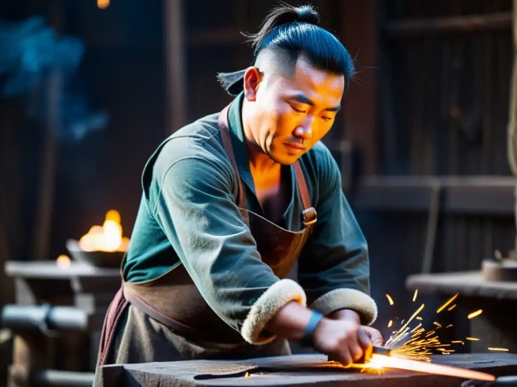 Un experimentado herrero mongol forja una espada con intrincados diseños, rodeado de herramientas tradicionales en un taller tenue