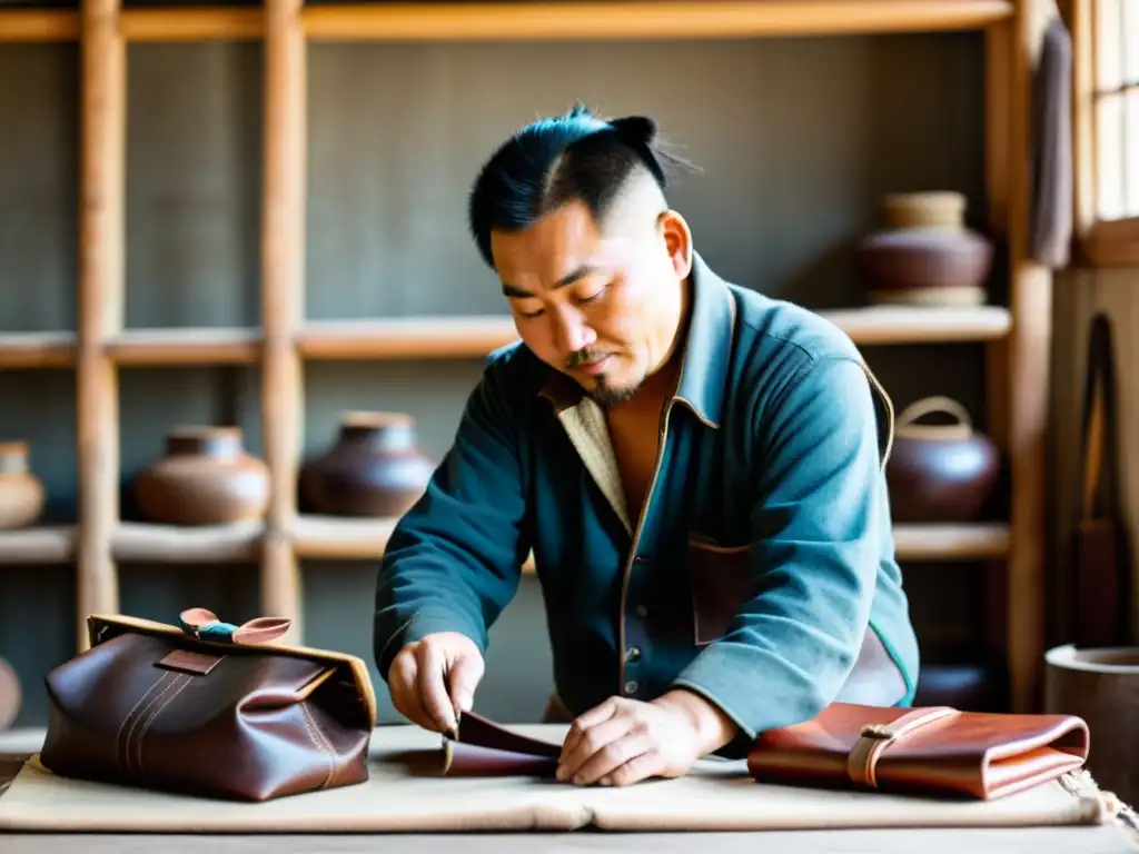 Un experto artesano mongol crea una bolsa de cuero tradicional en un taller soleado, mostrando la artesanía mongola cuero y piel