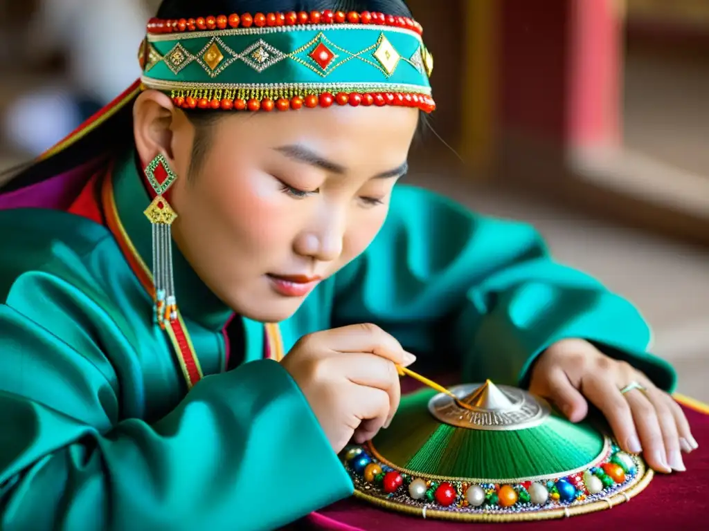 Un experto artesano mongol crea con destreza un tocado ceremonial tradicional, resaltando la artesanía en ceremonias mongolas