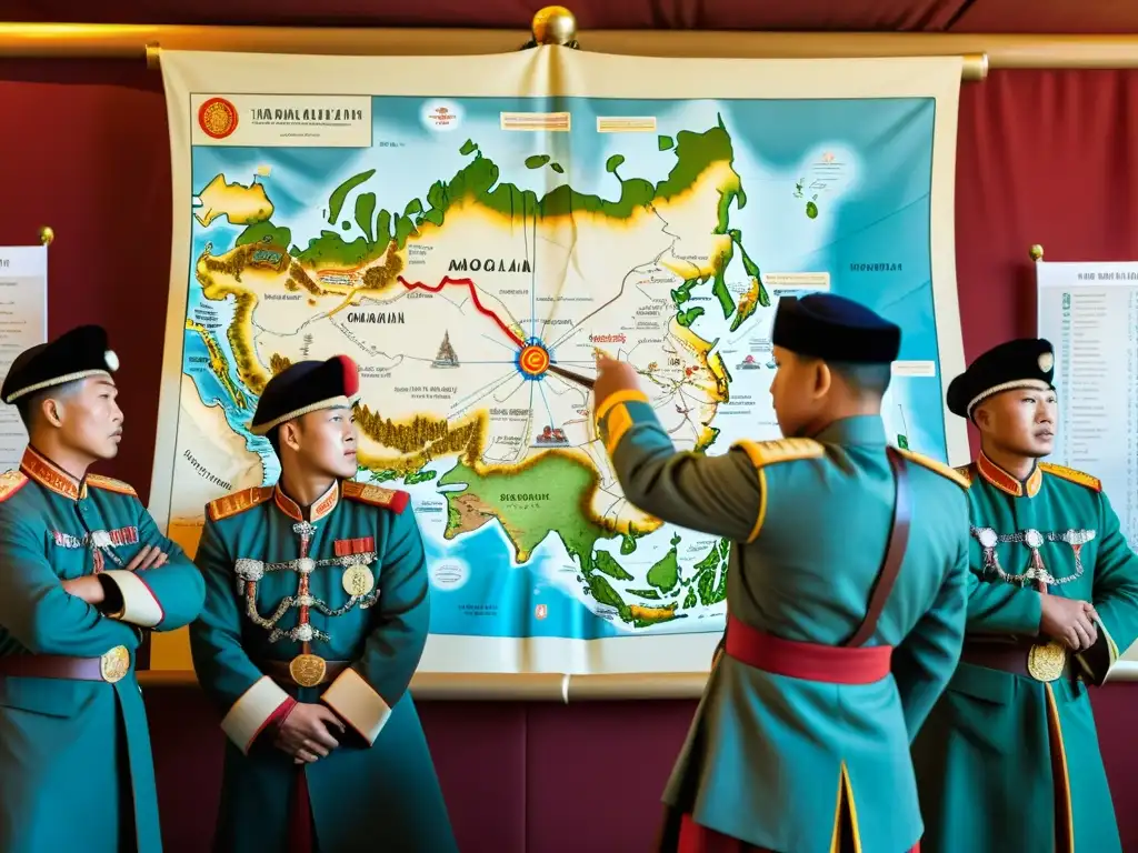 Expertos militares mongoles explicando tácticas militares mongolas en profundidad frente a un mapa detallado