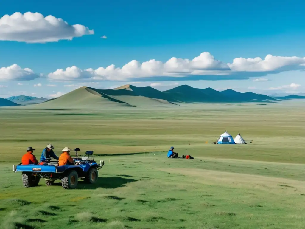 Exploración de campamentos nómadas del Imperio Mongol en paisaje mongol con geofísicos y herramientas de mapeo