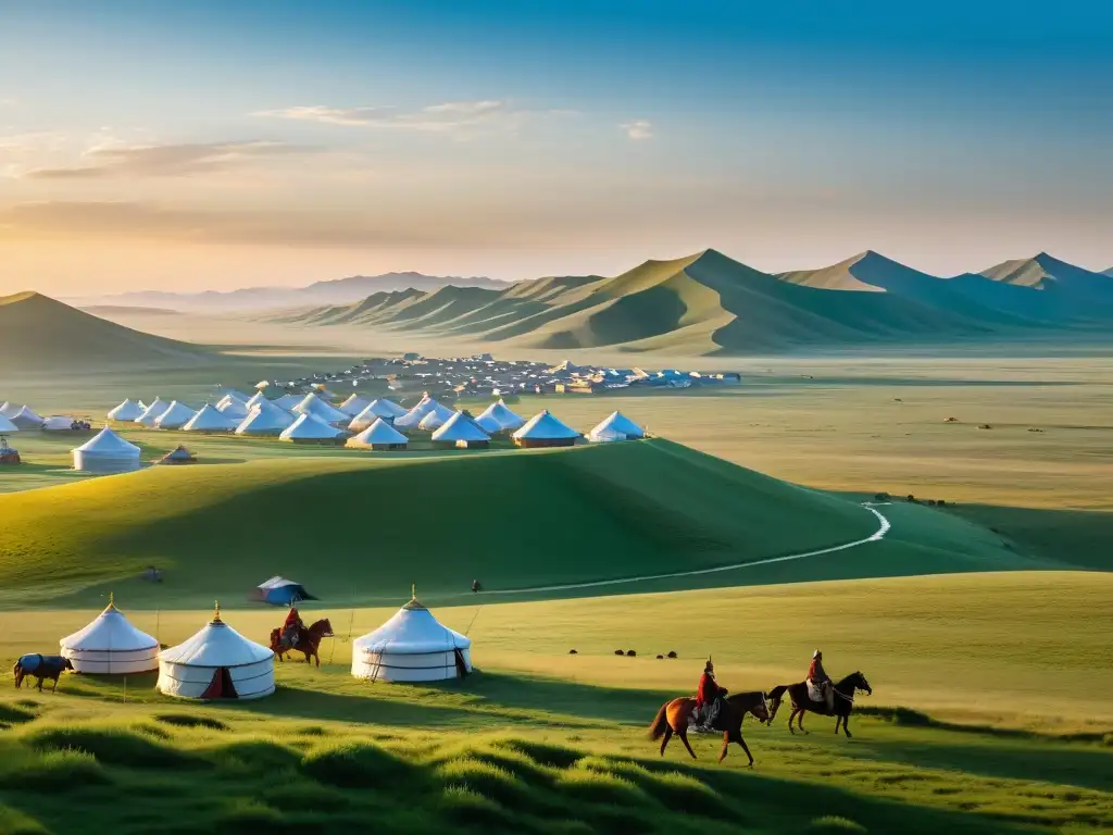 Exploración del legado del Imperio Mongol: campamento nómada con yurtas y jinetes en expansiva pradera al amanecer