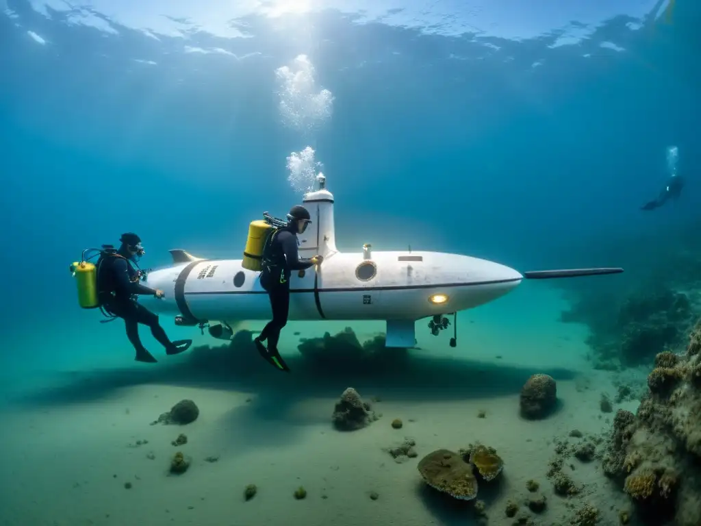 Exploración de rutas comerciales mongolas sumergidas: Equipo de investigadores maniobrando un dron submarino de alta tecnología, iluminando artefactos antiguos en aguas cristalinas