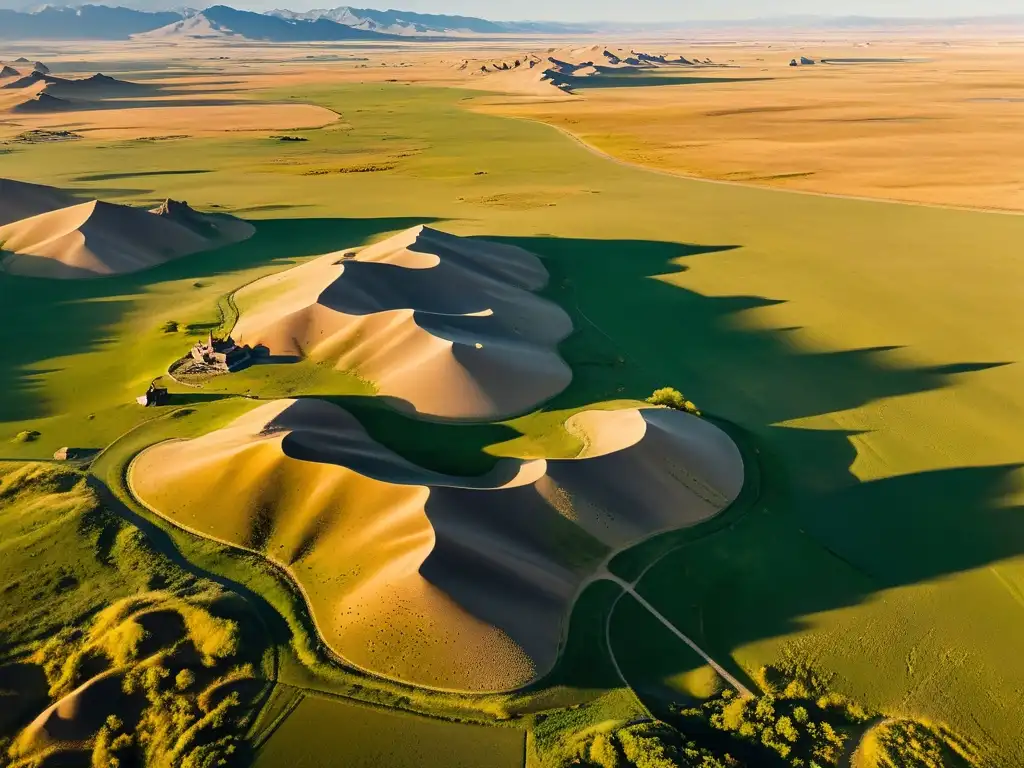 Exploración de sitios arqueológicos en el Imperio Mongol: Ruinas antiguas y paisajes dorados iluminados por el atardecer