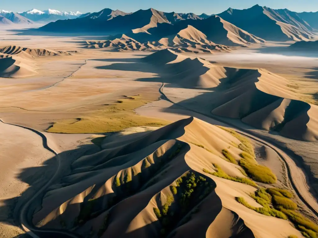 Exploración de sitios arqueológicos en el vasto y desolado paisaje mongol, con montañas en la neblina y un terreno ondulado