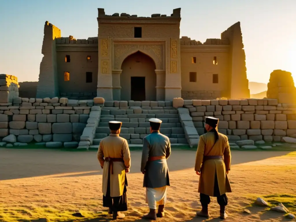 Exploradores frente a las ruinas del palacio de Genghis Khan, bañadas por la cálida luz dorada del atardecer