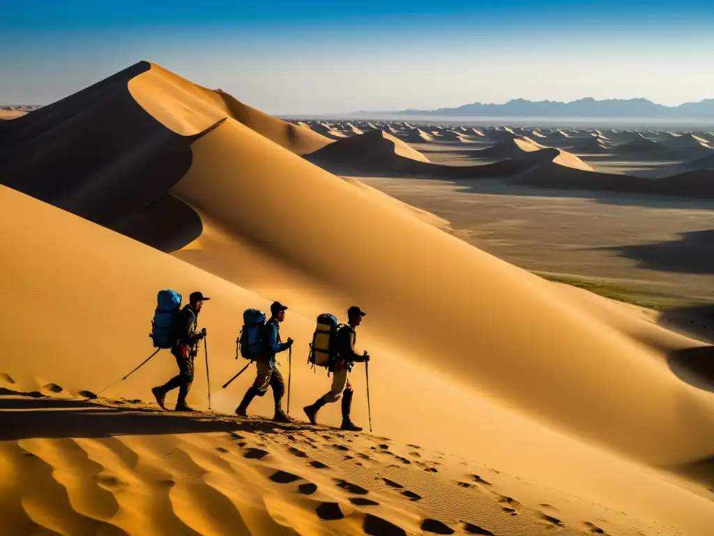 Exploradores atraviesan el vasto Desierto de Gobi, con siluetas contra dunas y cielos azules