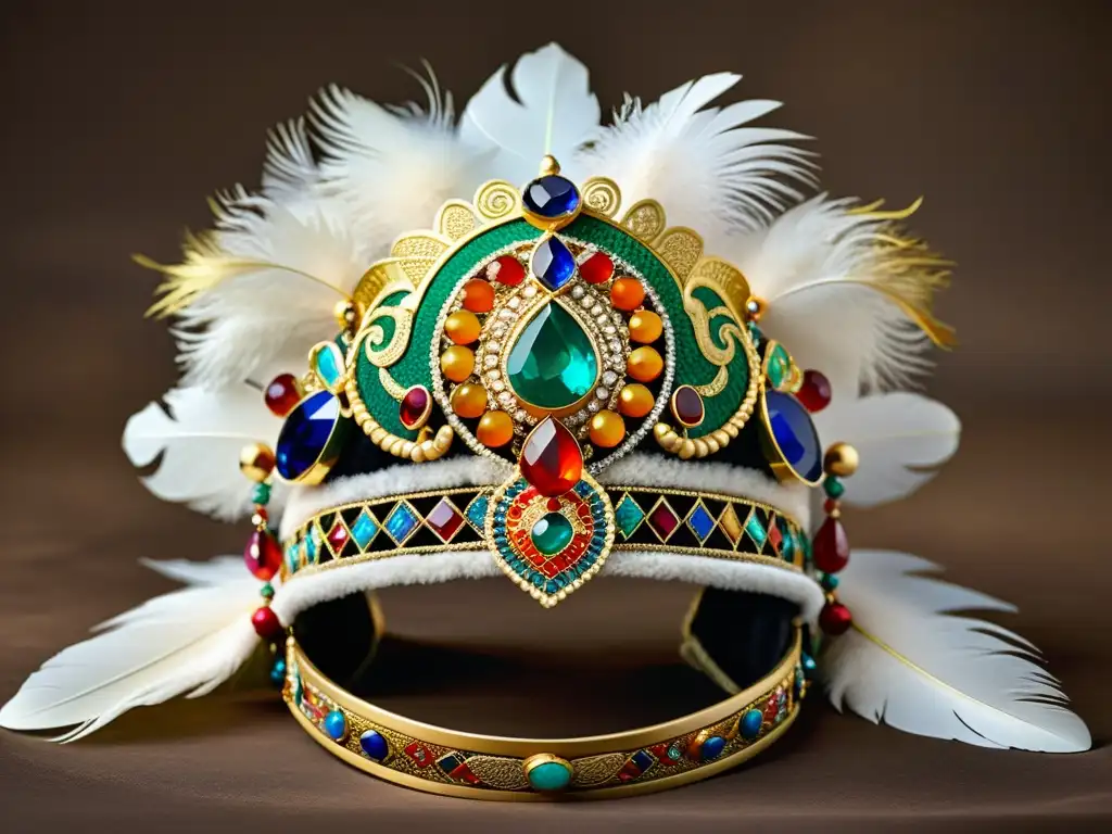 Una exquisita diadema mongola con filigrana de oro, gemas vibrantes y plumas delicadas, simbolizando el status del Imperio Mongol