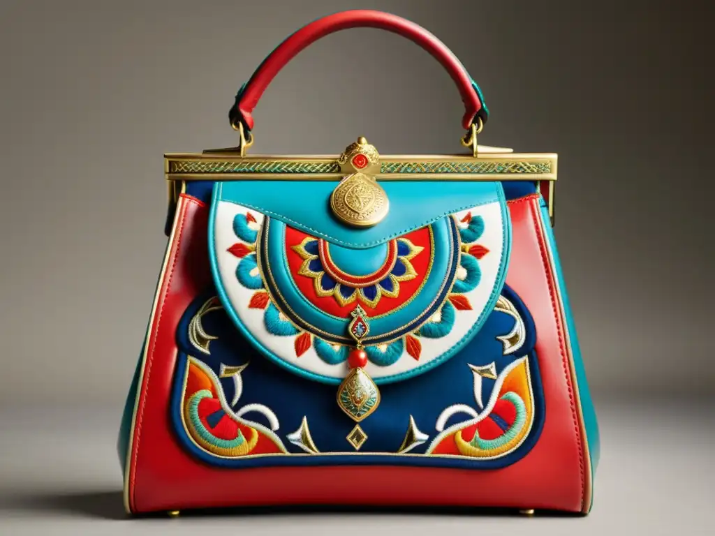 Exquisito bolso con bordados y motivos de la cultura mongola en vibrantes colores y materiales lujosos