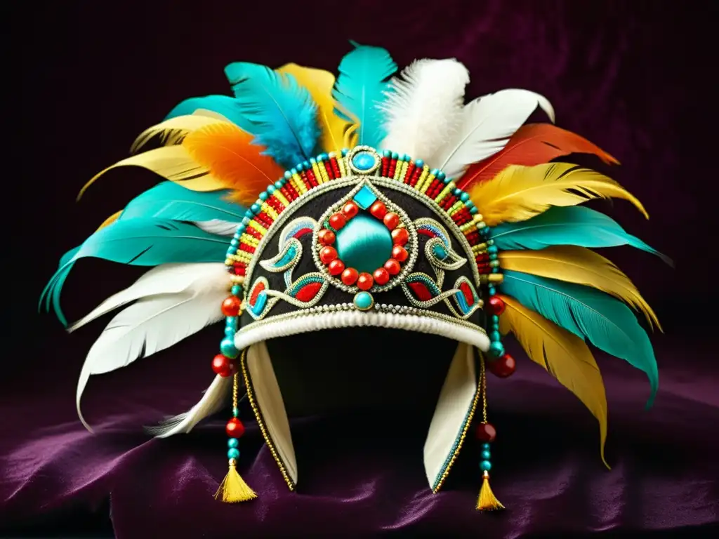 Hebilla tradicional mongol: arte en detalle Exquisito tocado mongol de diseño alta gama con detalles artesanales y plumas vibrantes, sobre fondo de terciopelo oscuro