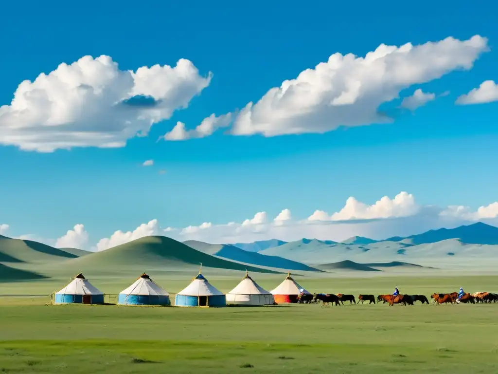 Extensas llanuras de Mongolia con yurtas nómadas, jinetes llevando mensajes, cielo azul y nubes, capturando la comunicación en el Imperio Mongol