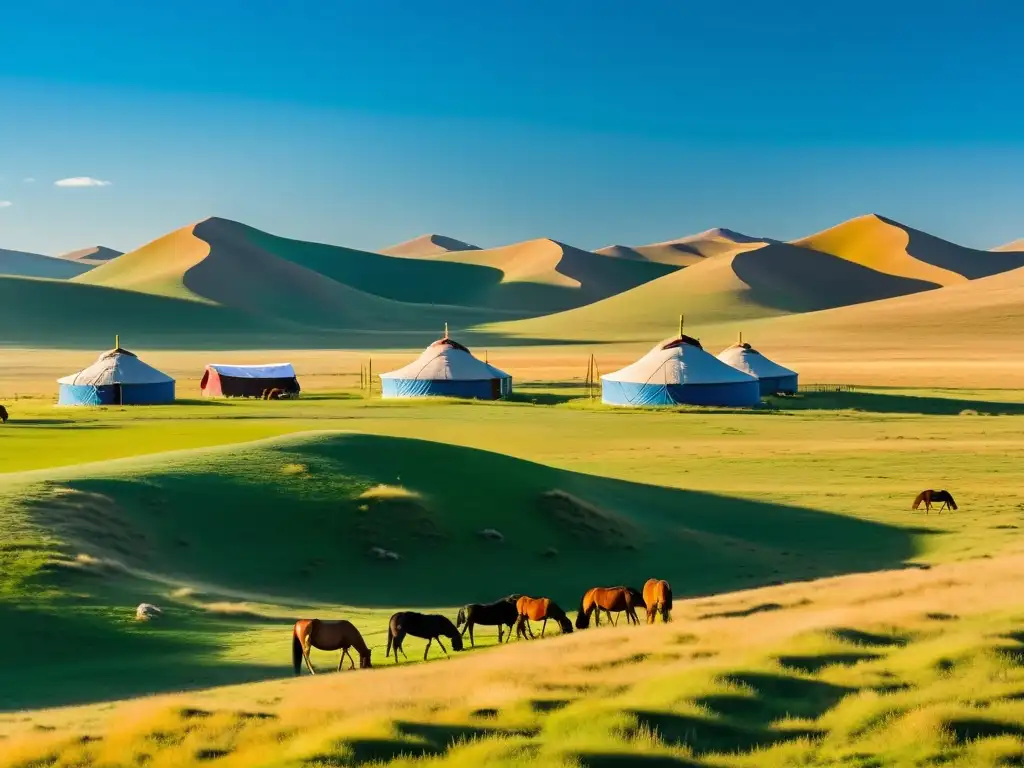 Un extenso paisaje de la estepa mongola bajo un cielo azul brillante, con un rebaño de caballos pastando pacíficamente en primer plano