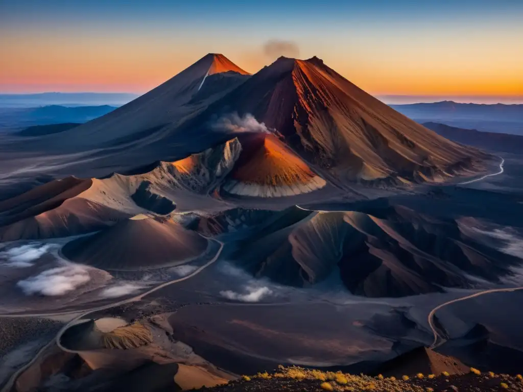 Volcán Extinto Khorgo Mongol: Imagen impactante del volcán Khorgo en un atardecer vibrante, con exploradores en primer plano