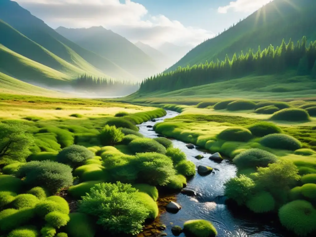 Un exuberante bosque mongol con árboles altos y delgados en un denso tapiz de musgo verde vibrante