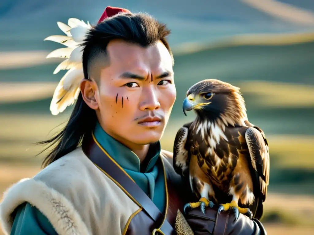 Un falconero mongol viste atuendo tradicional sosteniendo un majestuoso águila real en una llanura abierta de Mongolia al atardecer