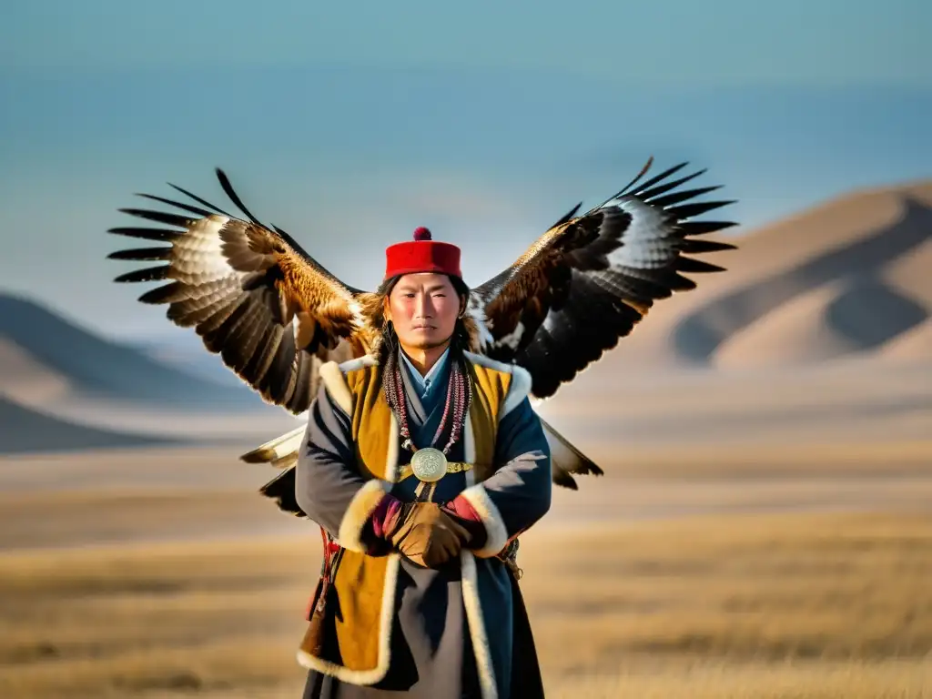 Un falconero mongol con su majestuoso águila dorada en la vasta estepa, reflejando la conexión atemporal entre el pueblo mongol y la cetrería