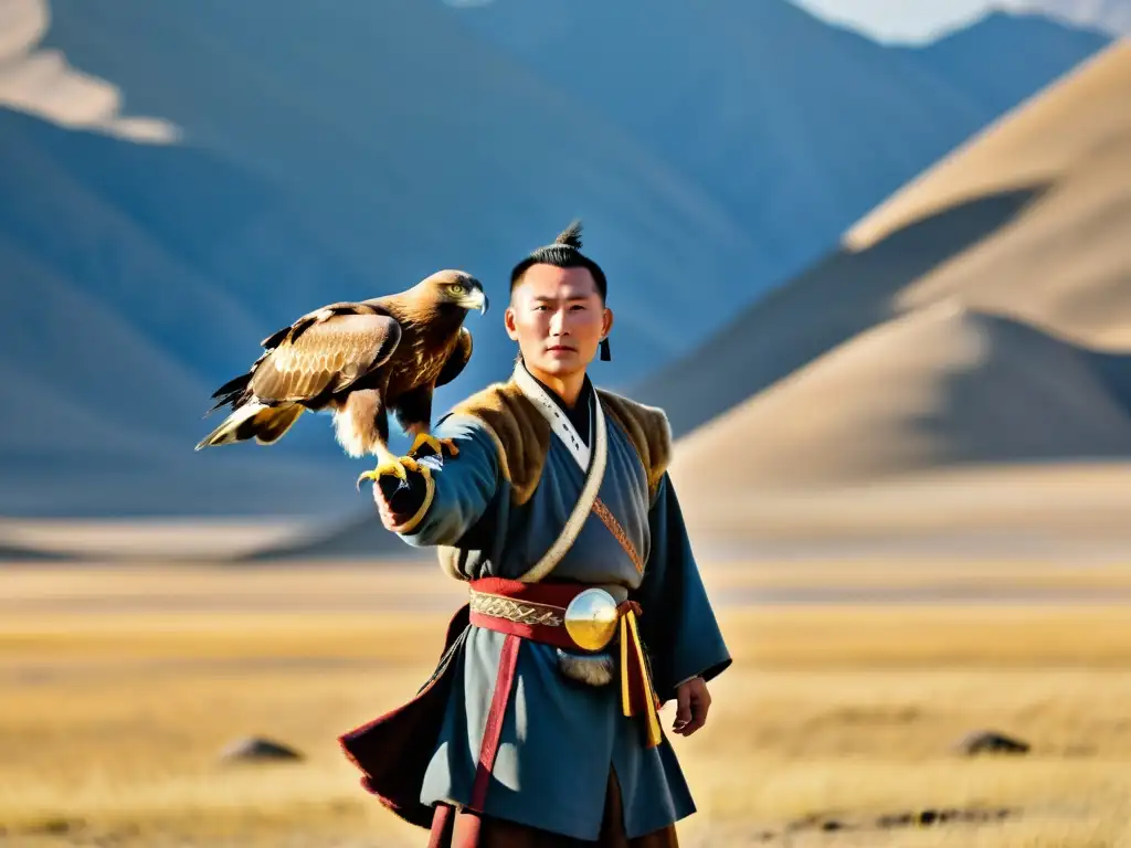 Un falconero mongol sostiene un majestuoso águila dorada en la vasta estepa