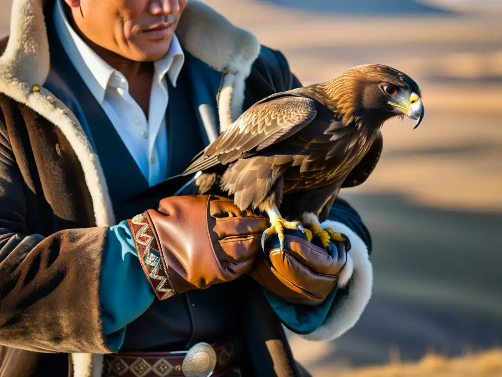 Un falconero mongol libera con reverencia un majestuoso águila dorada en la vasta estepa, representando la cetrería mongola tradición cultural