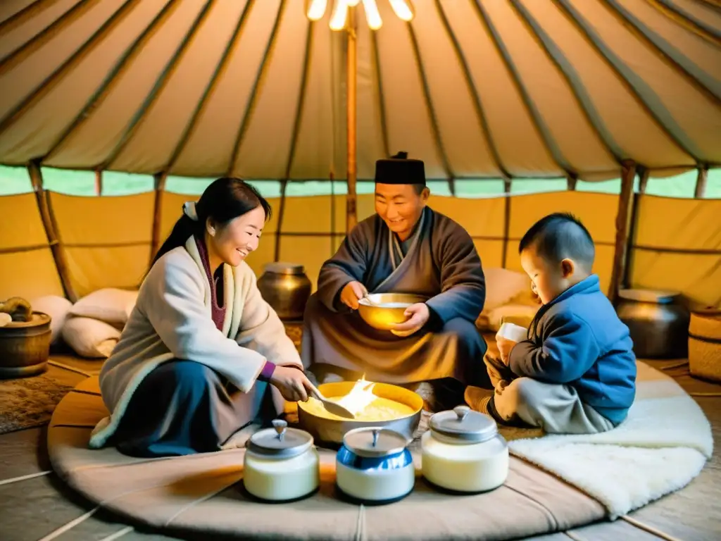 Familia nómada mongola disfruta de alimentos lácteos en su yurta tradicional, reflejando su estilo de vida y cultura