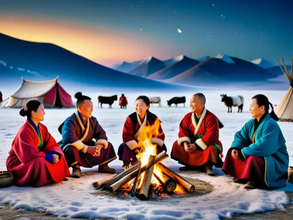 Una familia nómada mongol celebra el Año Nuevo Lunar con música, baile y vestimenta tradicional, rodeada de su ganado en un paisaje nevado y cielo estrellado