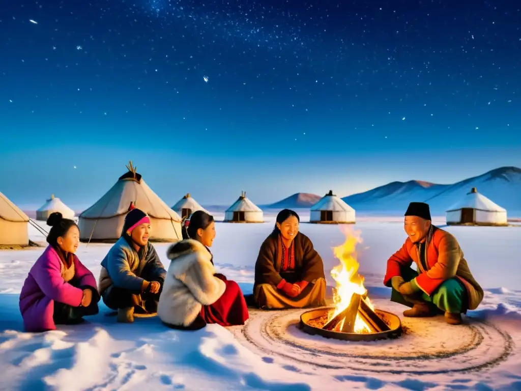 Una familia nómada mongol celebra el Año Nuevo Lunar alrededor de una hoguera en la estepa nevada, transmitiendo calidez y riqueza cultural