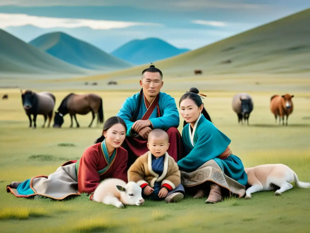 Una familia nómada mongola auténtica a caballo, inmersa en la vida tradicional de Mongolia