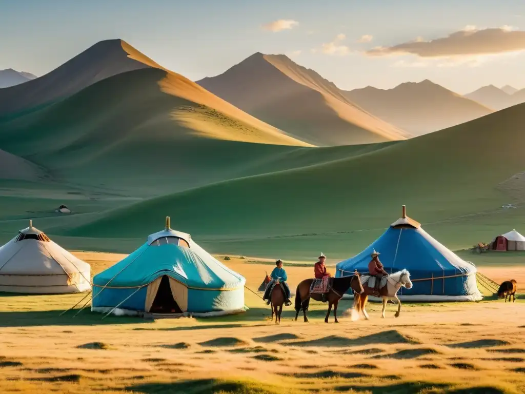 Familia nómada mongola atiende a sus caballos, rodeada de yurtas tradicionales en las estepas, con una luz dorada al atardecer