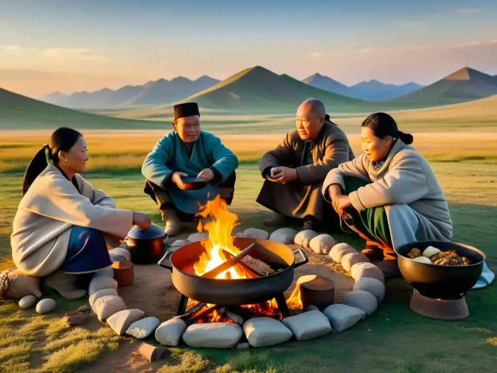 Una familia nómada mongola cocina al aire libre con técnicas tradicionales en la estepa bajo un impresionante atardecer