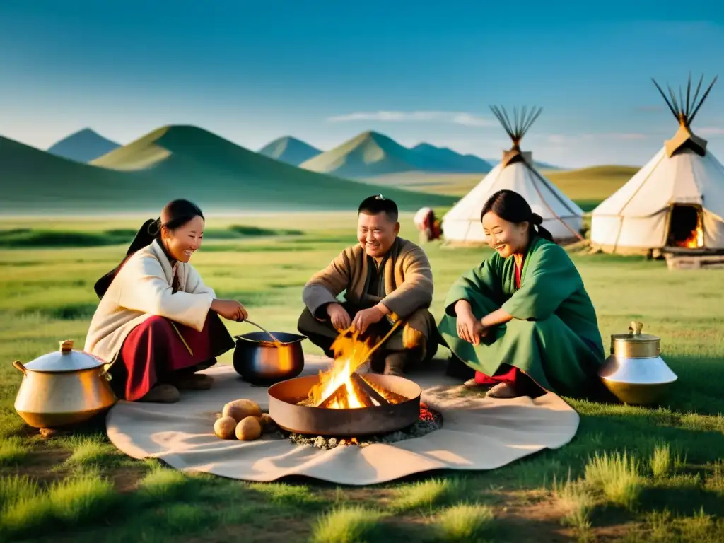 Una familia nómada mongola cocina recetas tradicionales al aire libre en la vasta estepa de Mongolia, rodeada de sus animales y yurtas icónicas