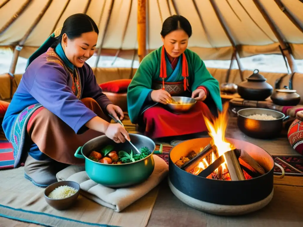 Una familia mongola prepara una festín tradicional en su yurta, mostrando la rica gastronomía culinaria y la cultura alimentaria mongola