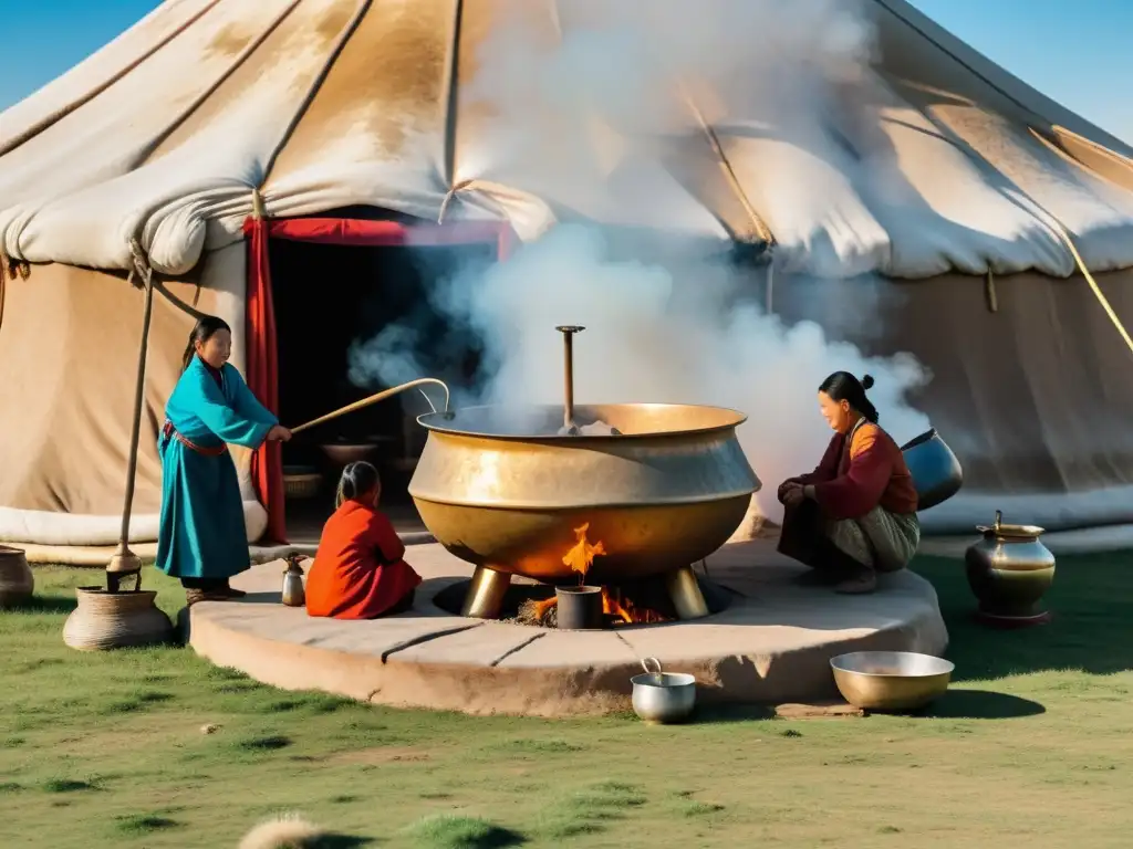 Una familia mongola prepara un guiso tradicional en una yurta en la estepa, capturando la esencia de los Platos del Imperio Mongol