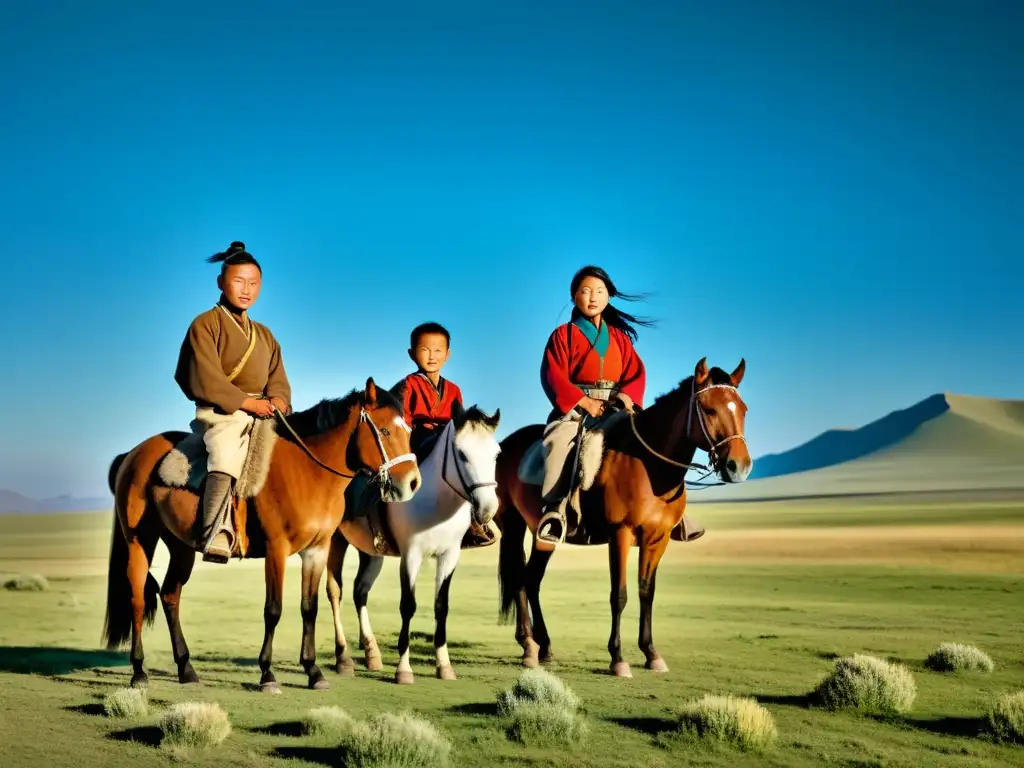 Una familia nómada mongola enseña educación a sus hijos mientras viajan a caballo por la inmensa estepa