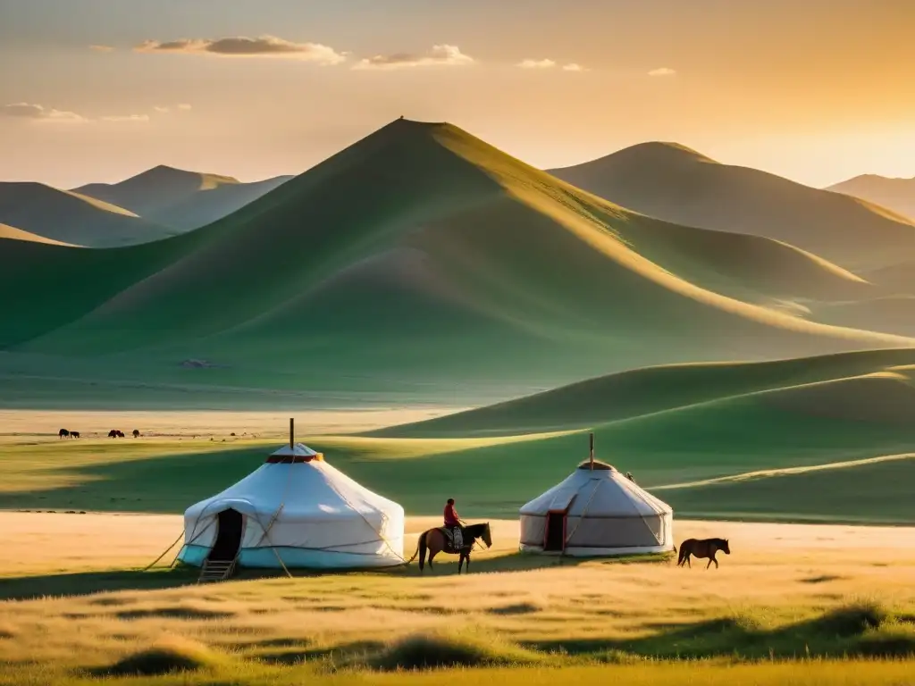 Una familia nómada mongol junto a su yurta en la vasta estepa al atardecer, mostrando la historia económica del Imperio Mongol