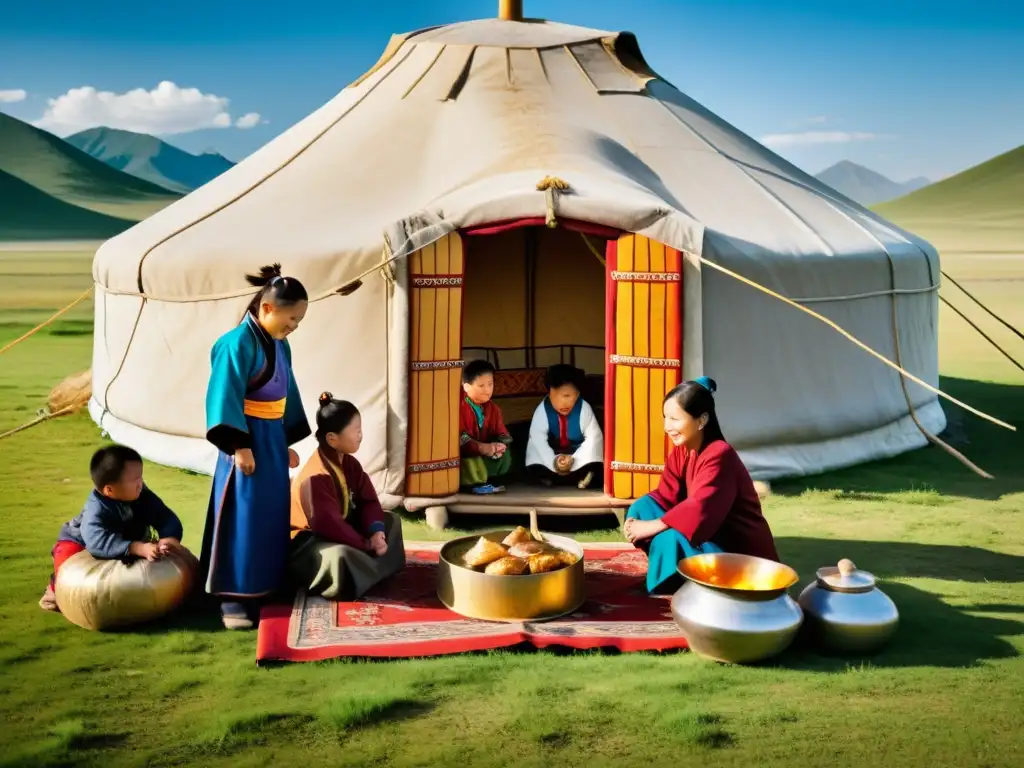 Una familia moderna mongola reunida alrededor de un tradicional ger en la pintoresca campiña mongola, destacando la importancia cultural de las alianzas matrimoniales en el imperio mongol