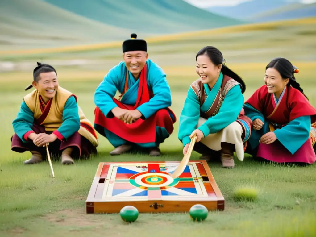 Una familia mongola disfruta de un animado juego de shagai en la vasta estepa, vistiendo coloridos trajes tradicionales