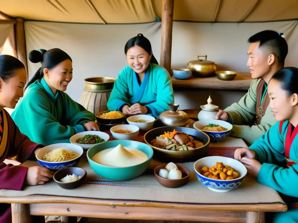 Una familia mongola disfruta de una comida tradicional alrededor de una mesa de madera, con la tradición del airag en Mongolia