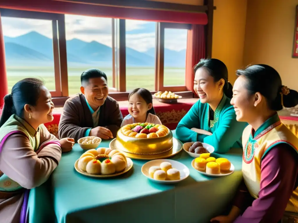 Una familia mongola disfruta de dulces tradicionales mientras comparten una comida, iluminados por la cálida luz del desierto