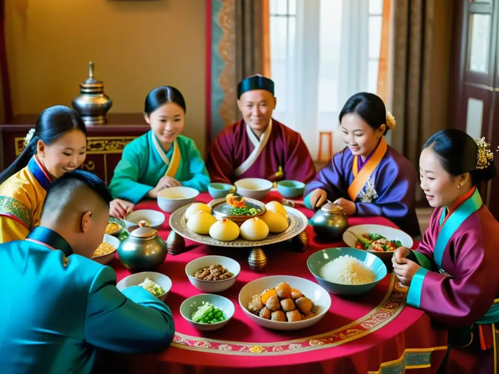 Una familia mongola se reúne alrededor de una mesa festivamente decorada para celebrar Tsagaan Sar, vistiendo elegantes deels