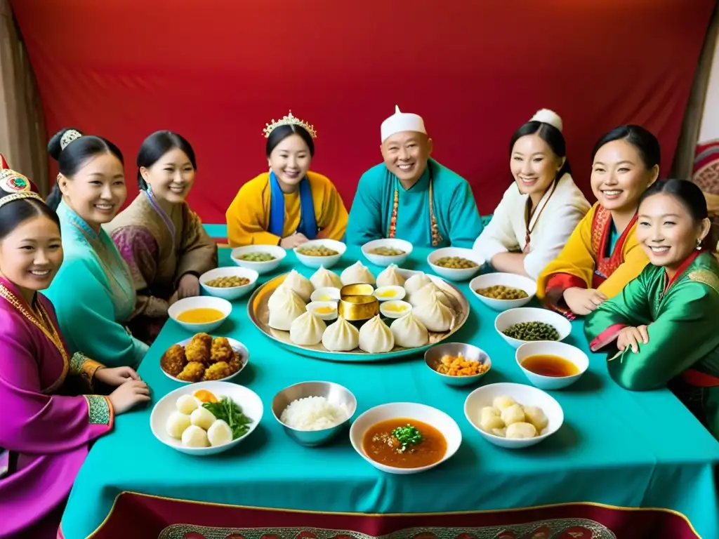 Una familia mongola se reúne alrededor de una mesa llena de platos tradicionales de Tsagaan Sar, vistiendo ropa tradicional vibrante