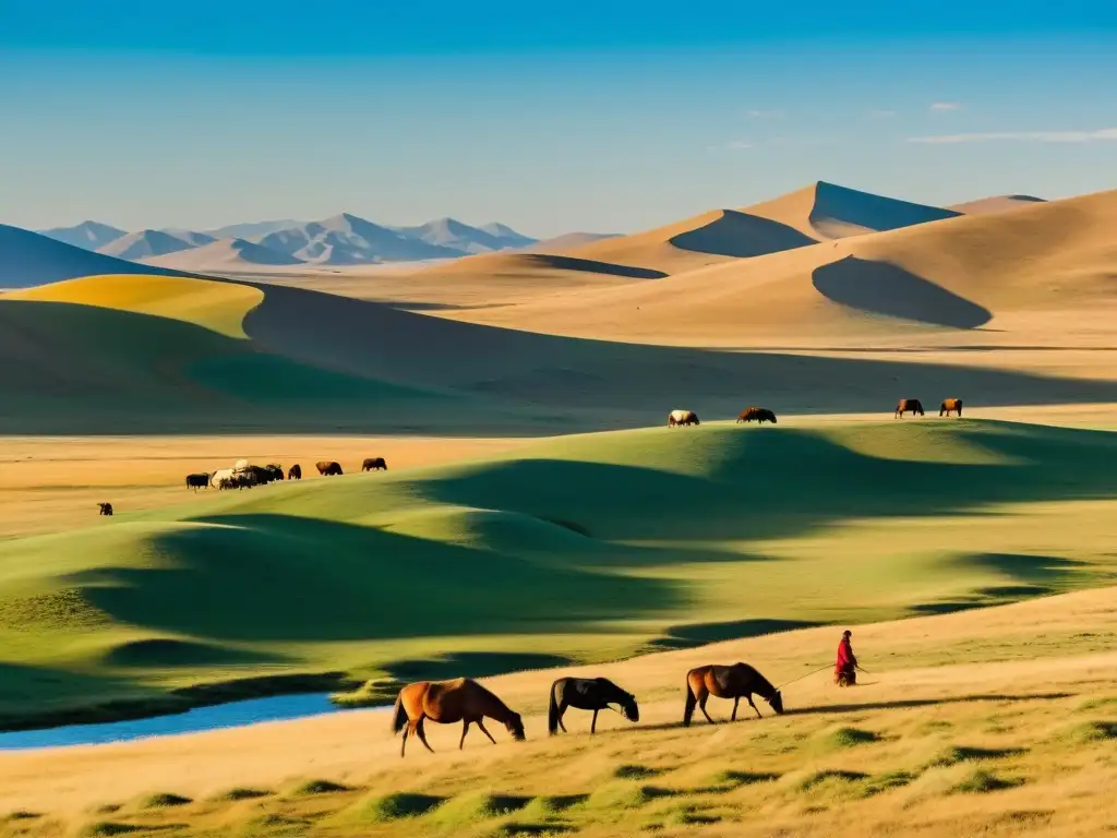 Una familia mongola realiza prácticas agrícolas en las vastas estepas del Imperio Mongol, con yurtas y caballos al fondo